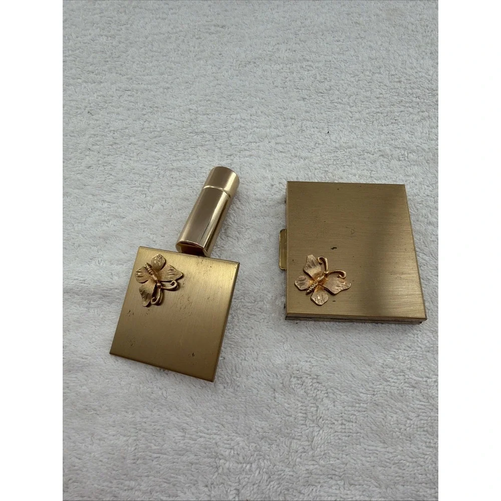Vintage Butterfly Compact Set Mirrors Lipstick Holder 1950's Flair Fifth Ave